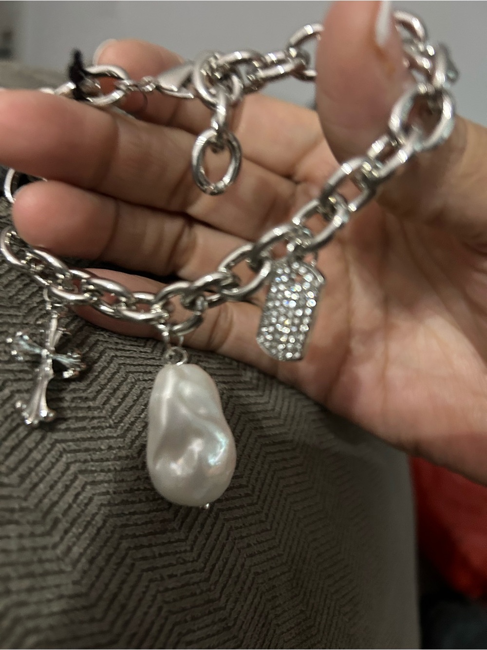 Silver-Tone Charm Bracelet with White Baroque Pearl and Crystal Tag